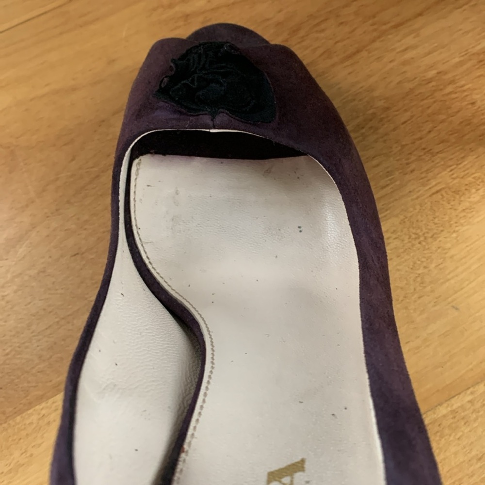 Prada purple suede heels US size 6.5 EUR 36.5 GUC peep toe black ruffles - Picture 12 of 15